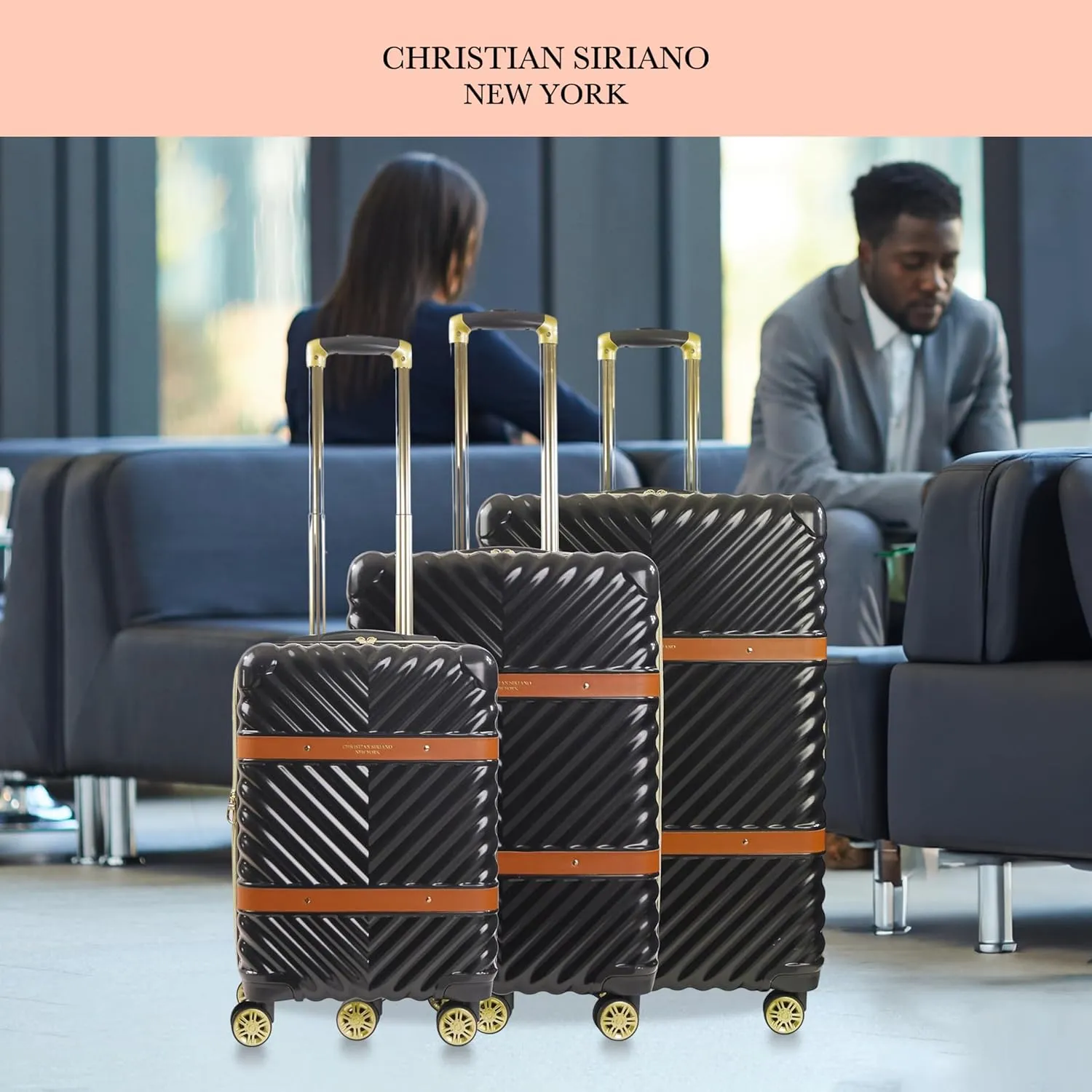Concept One Christian Siriano New York 3 Piece Set Rolling Luggage, Stella Hardshell Suitcase with Spinner Wheels, 22, 25, and 29 Inch, Black