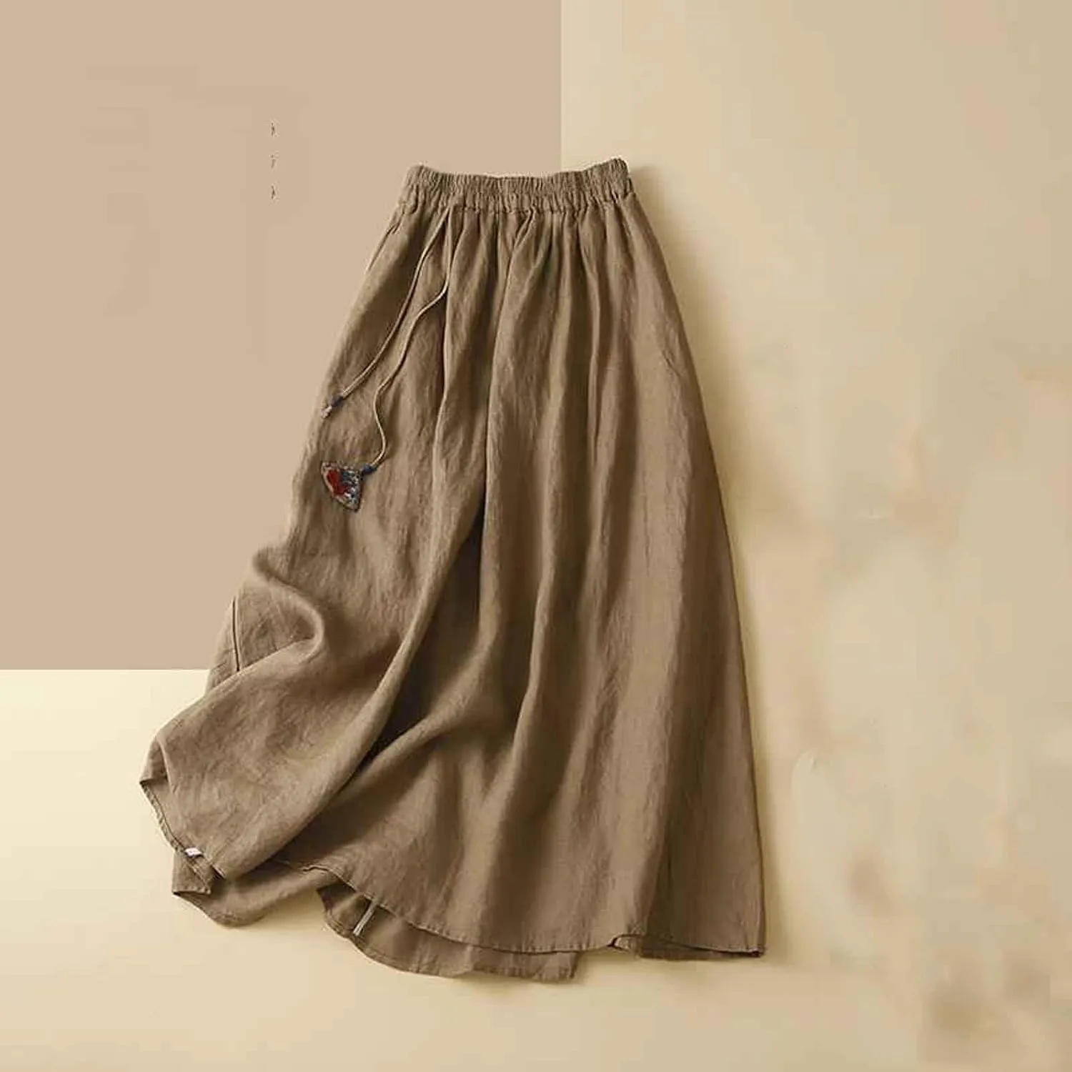 Cotton Linen Skirts for Women Summer Elastic High Waisted Ruffled Flowy Midi Skirt Casual Summer Ruched Loose Skorts