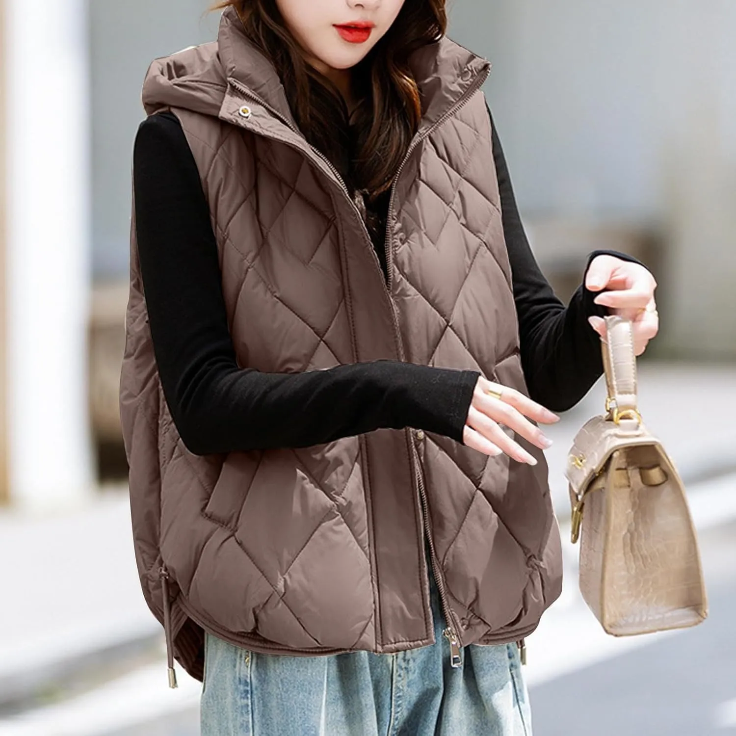 Cotton-Padded Gilet for Women Diamond Sleeveless Hooded Vest Lightweight Stand Collar Zip Up Open Thicken Waistcoat
