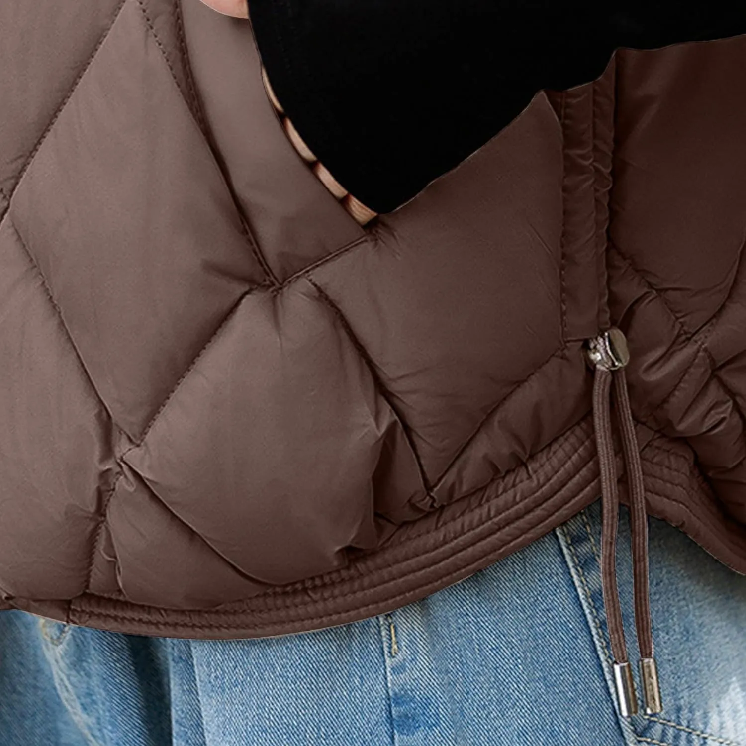 Cotton-Padded Gilet for Women Diamond Sleeveless Hooded Vest Lightweight Stand Collar Zip Up Open Thicken Waistcoat