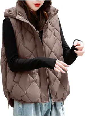 Cotton-Padded Gilet for Women Diamond Sleeveless Hooded Vest Lightweight Stand Collar Zip Up Open Thicken Waistcoat