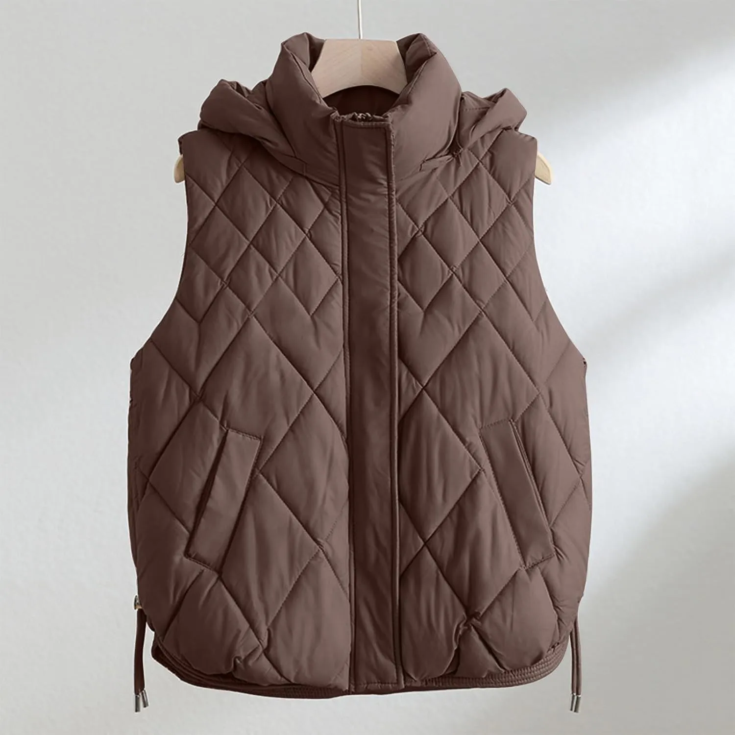 Cotton-Padded Gilet for Women Diamond Sleeveless Hooded Vest Lightweight Stand Collar Zip Up Open Thicken Waistcoat