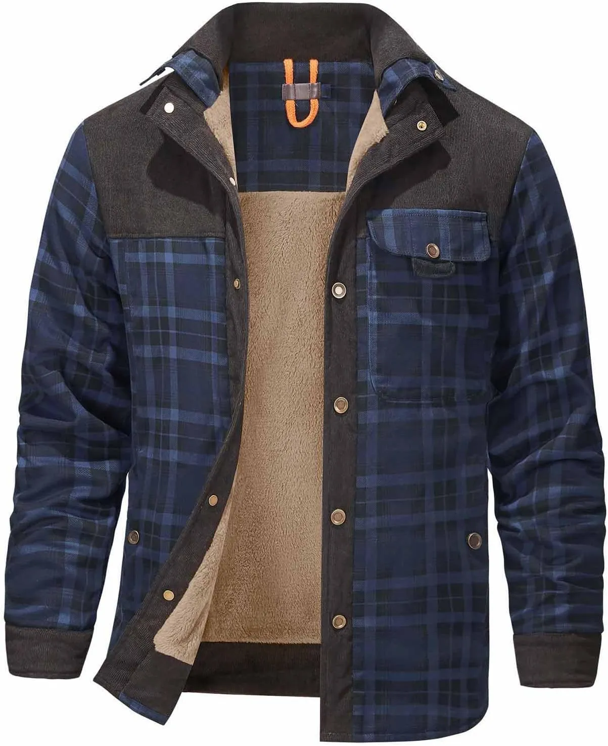 Cotton Warm Jackets for Men Long Sleeve Stand Collar Button Fur Outerwear Winter Casual Plaid Padded Insulated Coat