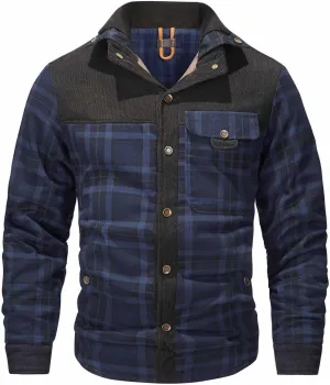 Cotton Warm Jackets for Men Long Sleeve Stand Collar Button Fur Outerwear Winter Casual Plaid Padded Insulated Coat
