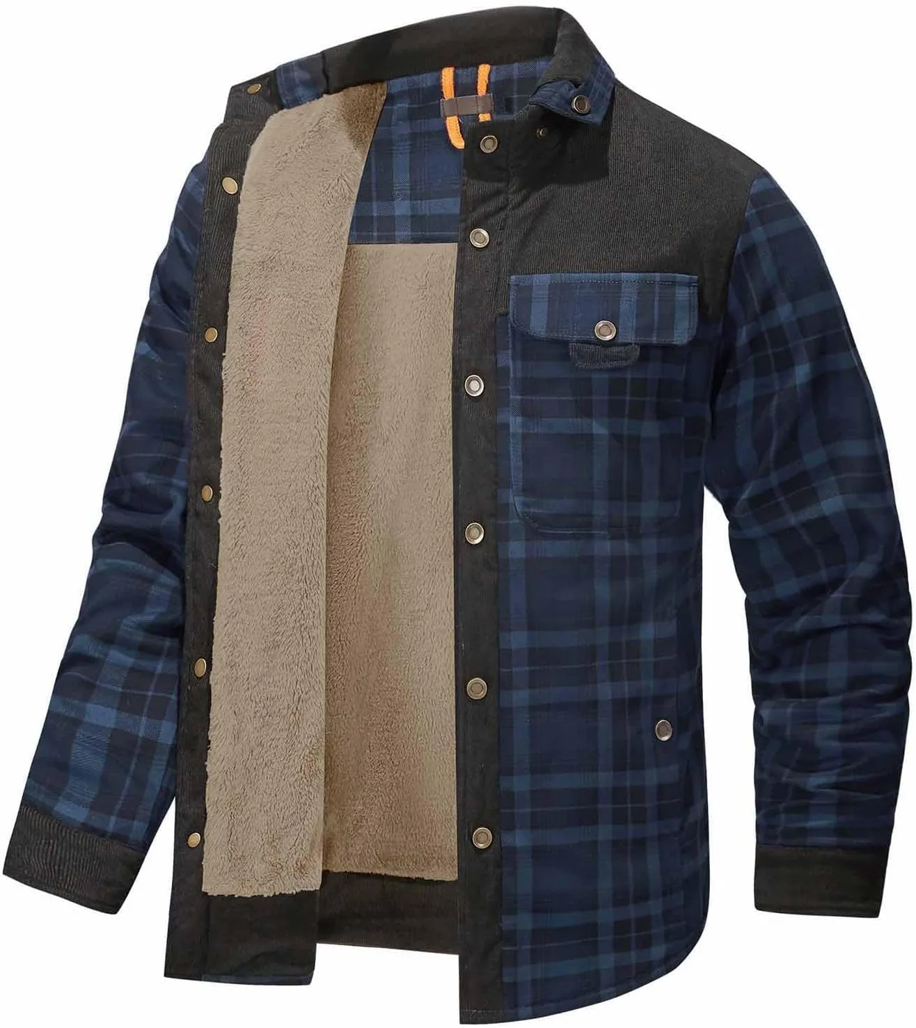 Cotton Warm Jackets for Men Long Sleeve Stand Collar Button Fur Outerwear Winter Casual Plaid Padded Insulated Coat