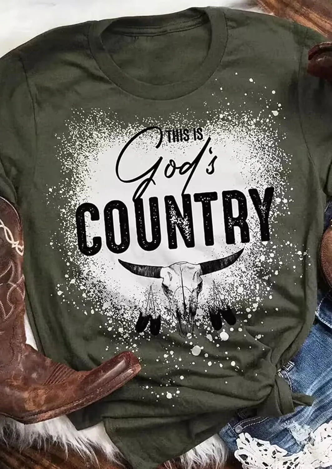 Country Music Tshirts Women Funny Rodeo Cowboy Shirts Vintage Western Steer Skull Graphic Shirt Casual Cowgirl T-Shirt