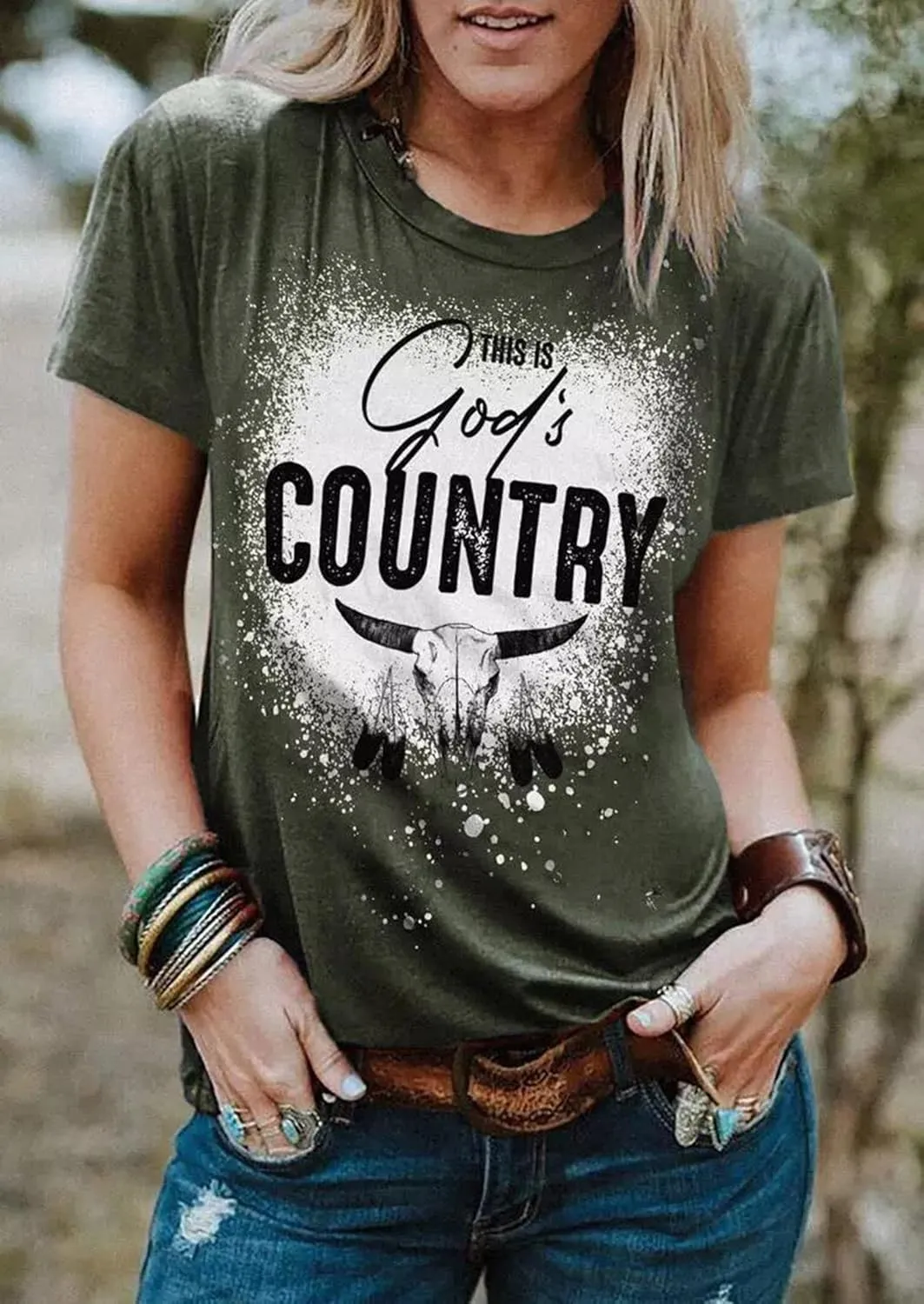 Country Music Tshirts Women Funny Rodeo Cowboy Shirts Vintage Western Steer Skull Graphic Shirt Casual Cowgirl T-Shirt