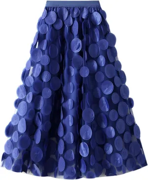 Cute 3D Polka Dots Midi Skirt for Women Elastic Waist Flowy Tulle A-Line Skirts Wedding Halloween Party Mesh Skirt