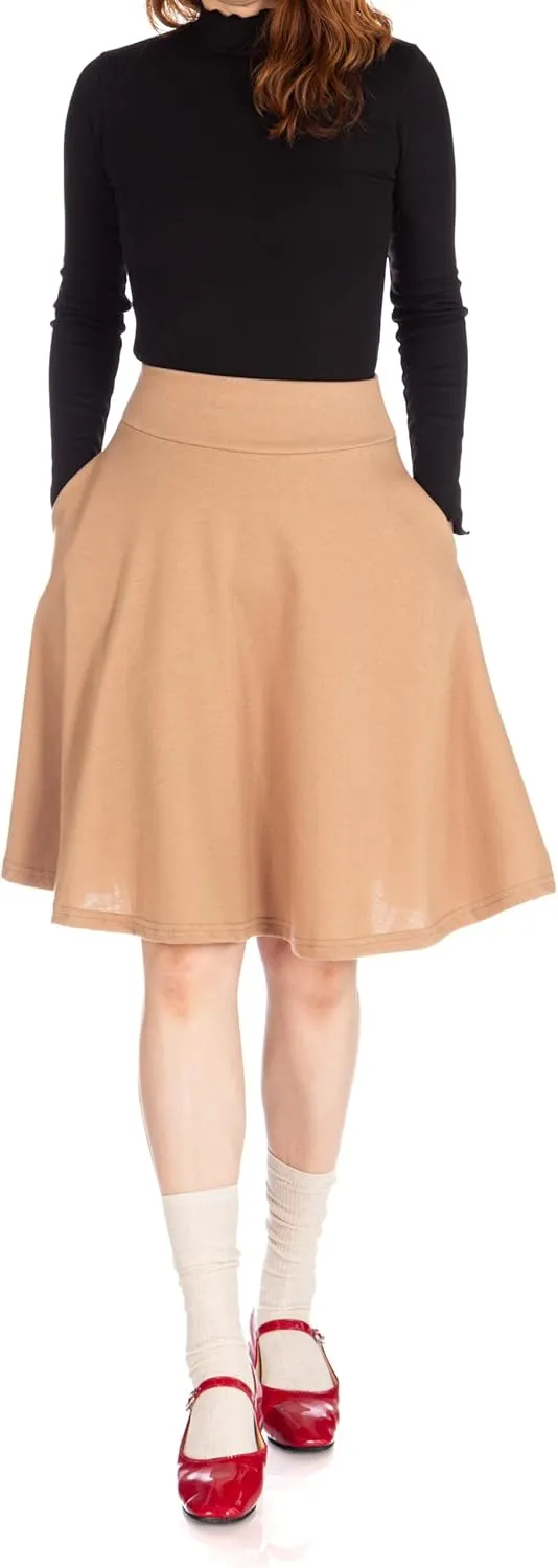 Dani's Choice High-Waisted Cotton Blend Skirt with Pockets - Knee Length A-line Flare for Business and Casual Wear