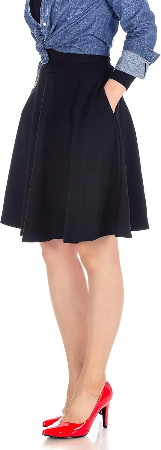 Dani's Choice High-Waisted Cotton Blend Skirt with Pockets - Knee Length A-line Flare for Business and Casual Wear