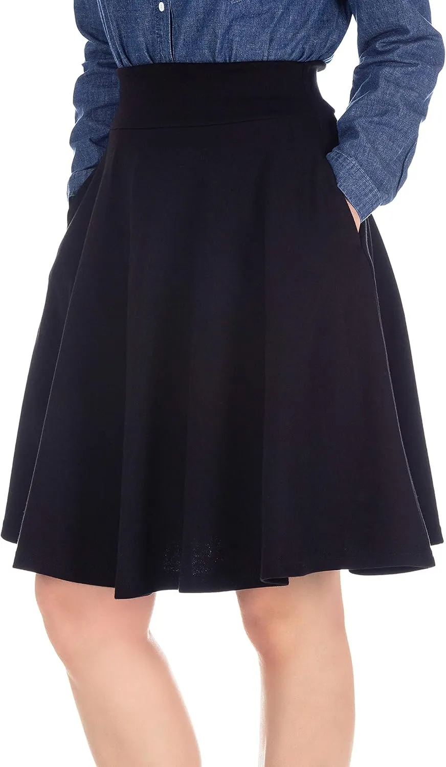 Dani's Choice High-Waisted Cotton Blend Skirt with Pockets - Knee Length A-line Flare for Business and Casual Wear