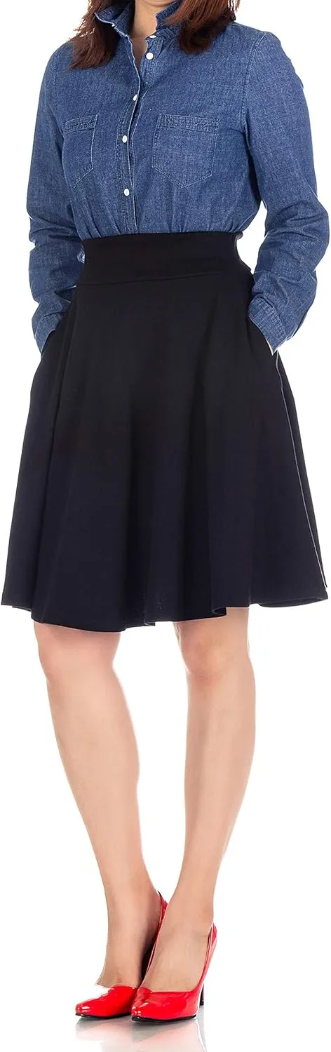 Dani's Choice High-Waisted Cotton Blend Skirt with Pockets - Knee Length A-line Flare for Business and Casual Wear