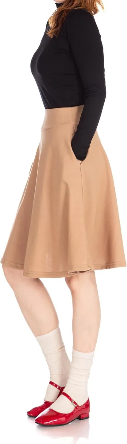 Dani's Choice High-Waisted Cotton Blend Skirt with Pockets - Knee Length A-line Flare for Business and Casual Wear