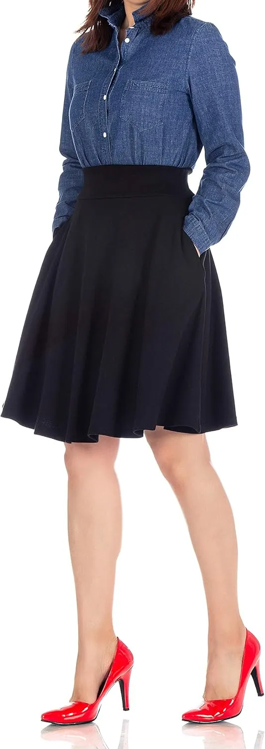 Dani's Choice High-Waisted Cotton Blend Skirt with Pockets - Knee Length A-line Flare for Business and Casual Wear