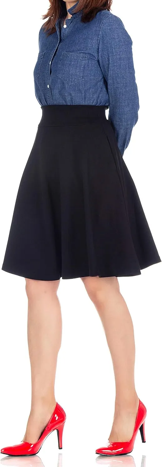 Dani's Choice High-Waisted Cotton Blend Skirt with Pockets - Knee Length A-line Flare for Business and Casual Wear