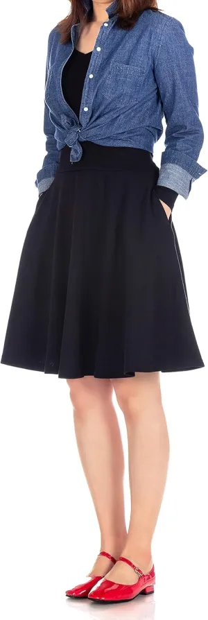 Dani's Choice High-Waisted Cotton Blend Skirt with Pockets - Knee Length A-line Flare for Business and Casual Wear