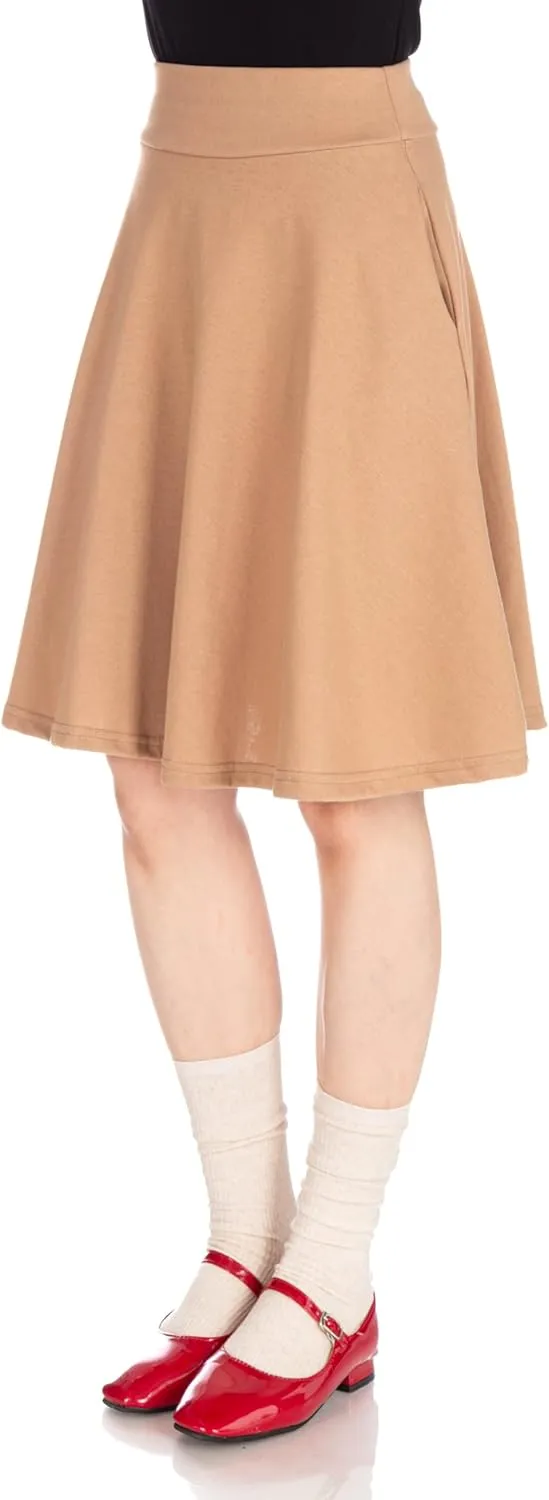 Dani's Choice High-Waisted Cotton Blend Skirt with Pockets - Knee Length A-line Flare for Business and Casual Wear