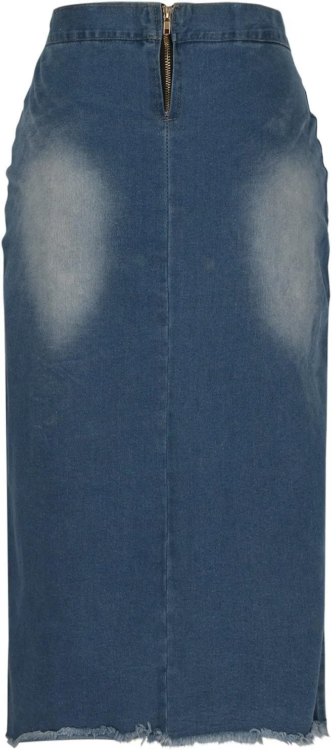 Denim Pencil Skirt for Women Lace-up Front Bodycon Jeans Skirt High Waist Gothic Punk Frayed Casual Work Skirts