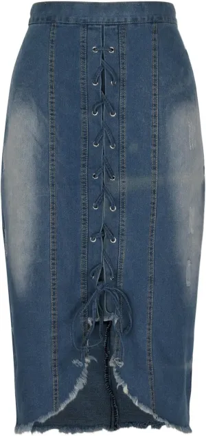 Denim Pencil Skirt for Women Lace-up Front Bodycon Jeans Skirt High Waist Gothic Punk Frayed Casual Work Skirts