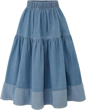 Denim Vintage Maxi Skirt Women Stretchy Waist Casual Denim Skirt with Tassle Hem Double Split Skirts