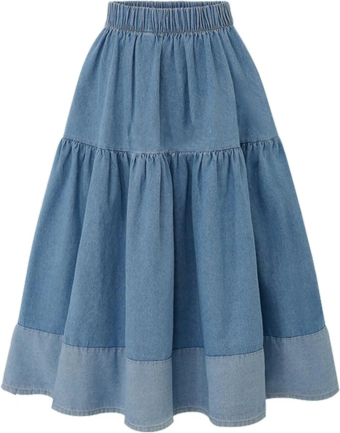 Denim Vintage Maxi Skirt Women Stretchy Waist Casual Denim Skirt with Tassle Hem Double Split Skirts