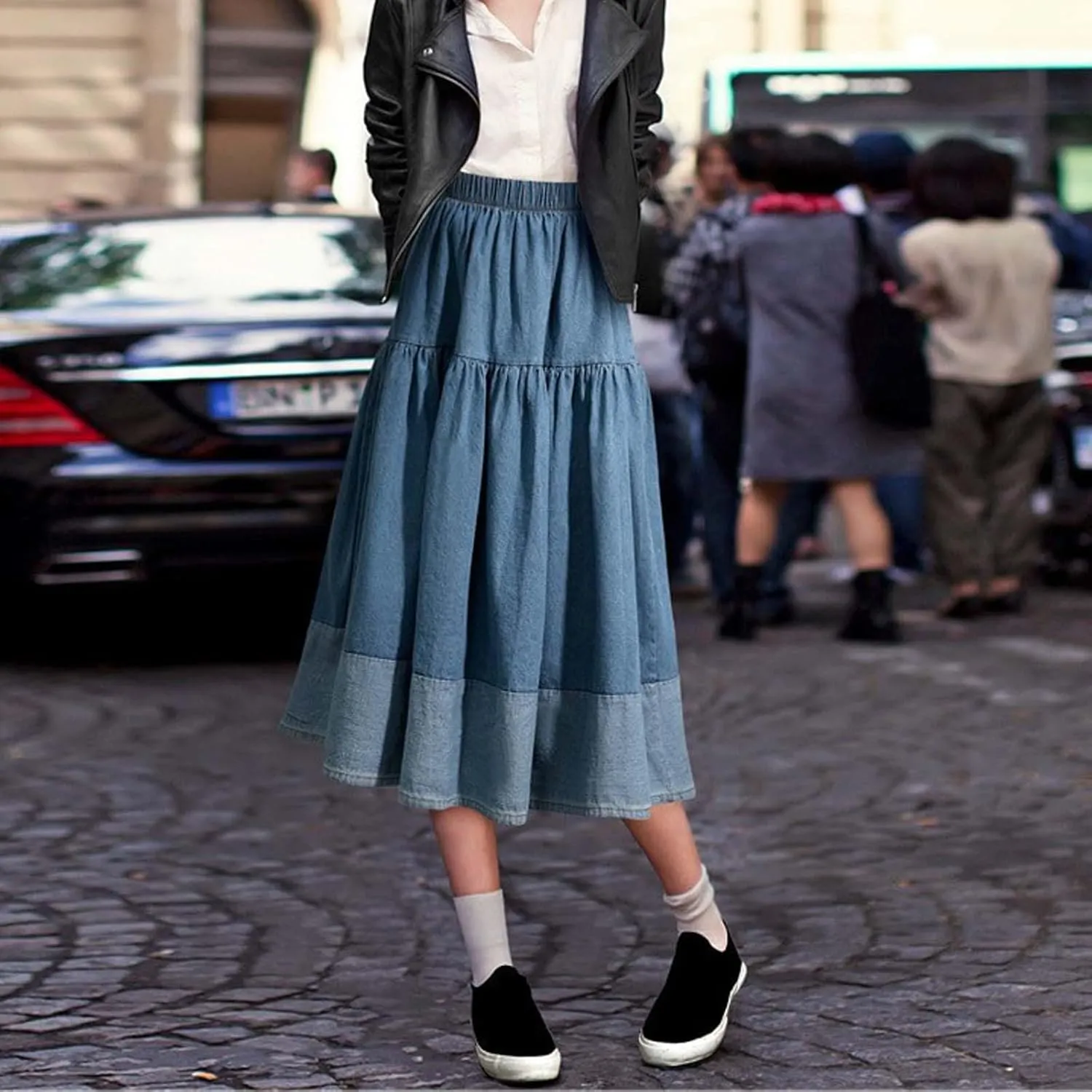 Denim Vintage Maxi Skirt Women Stretchy Waist Casual Denim Skirt with Tassle Hem Double Split Skirts