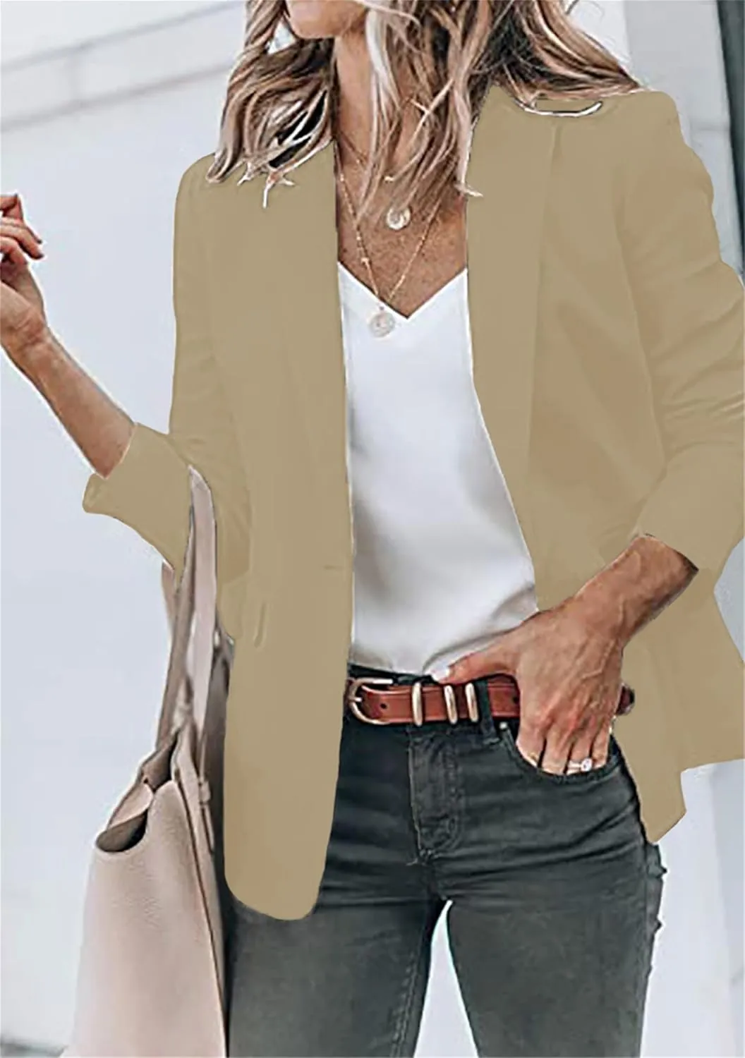 DIACACY Women's Lapel Open Front Work Blazer One Button Long Sleeve Jackets Office Solid Color Cardigan with Pockets