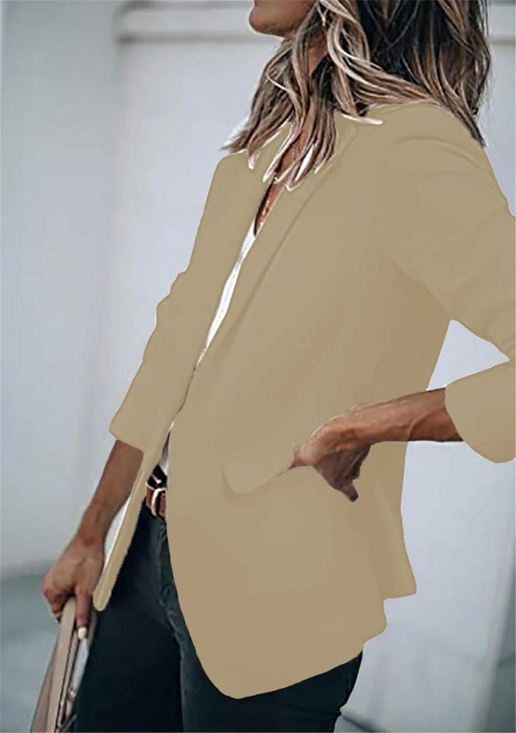 DIACACY Women's Lapel Open Front Work Blazer One Button Long Sleeve Jackets Office Solid Color Cardigan with Pockets