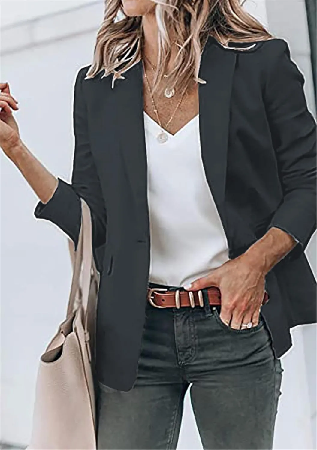 DIACACY Women's Lapel Open Front Work Blazer One Button Long Sleeve Jackets Office Solid Color Cardigan with Pockets