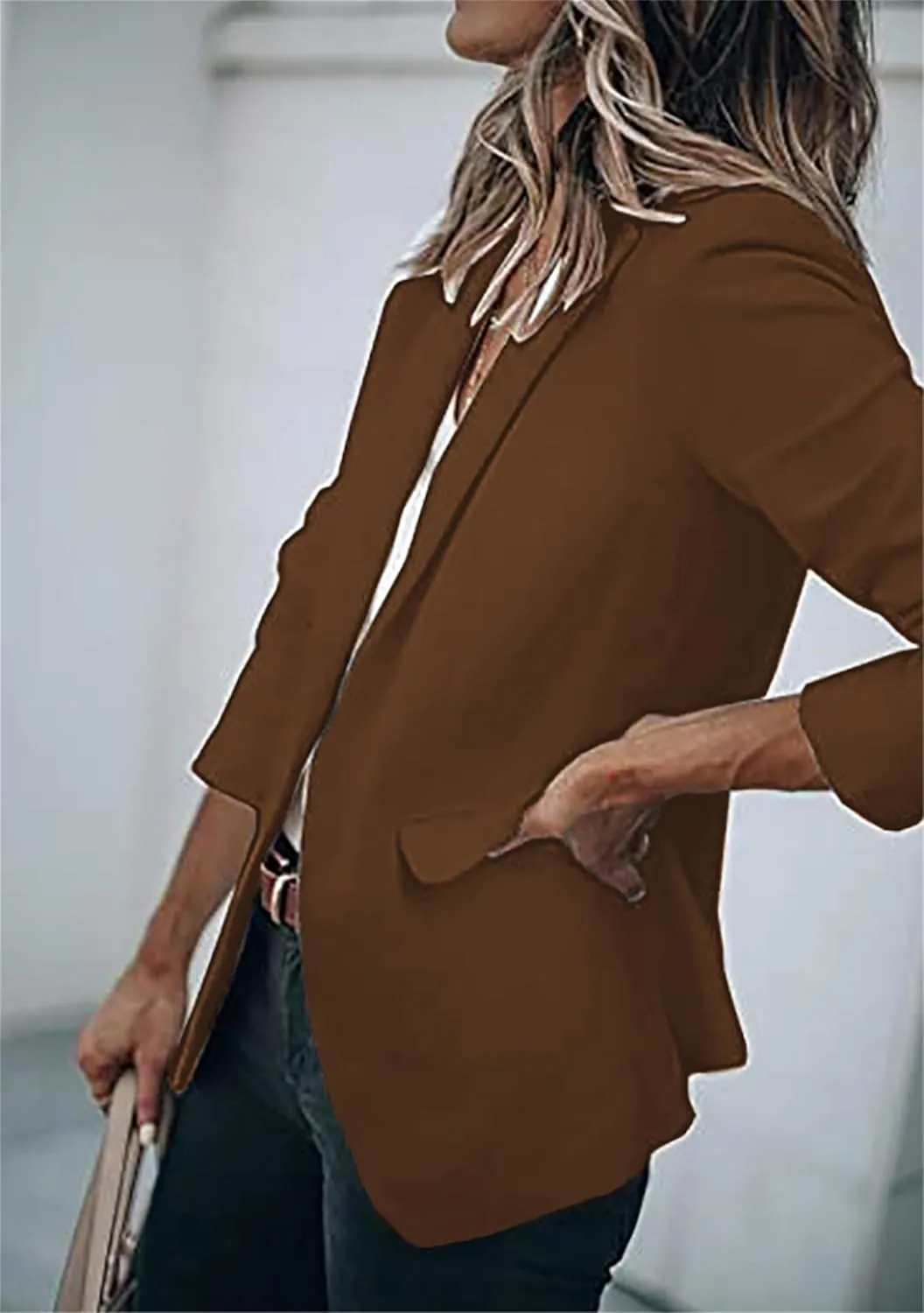 DIACACY Women's Lapel Open Front Work Blazer One Button Long Sleeve Jackets Office Solid Color Cardigan with Pockets