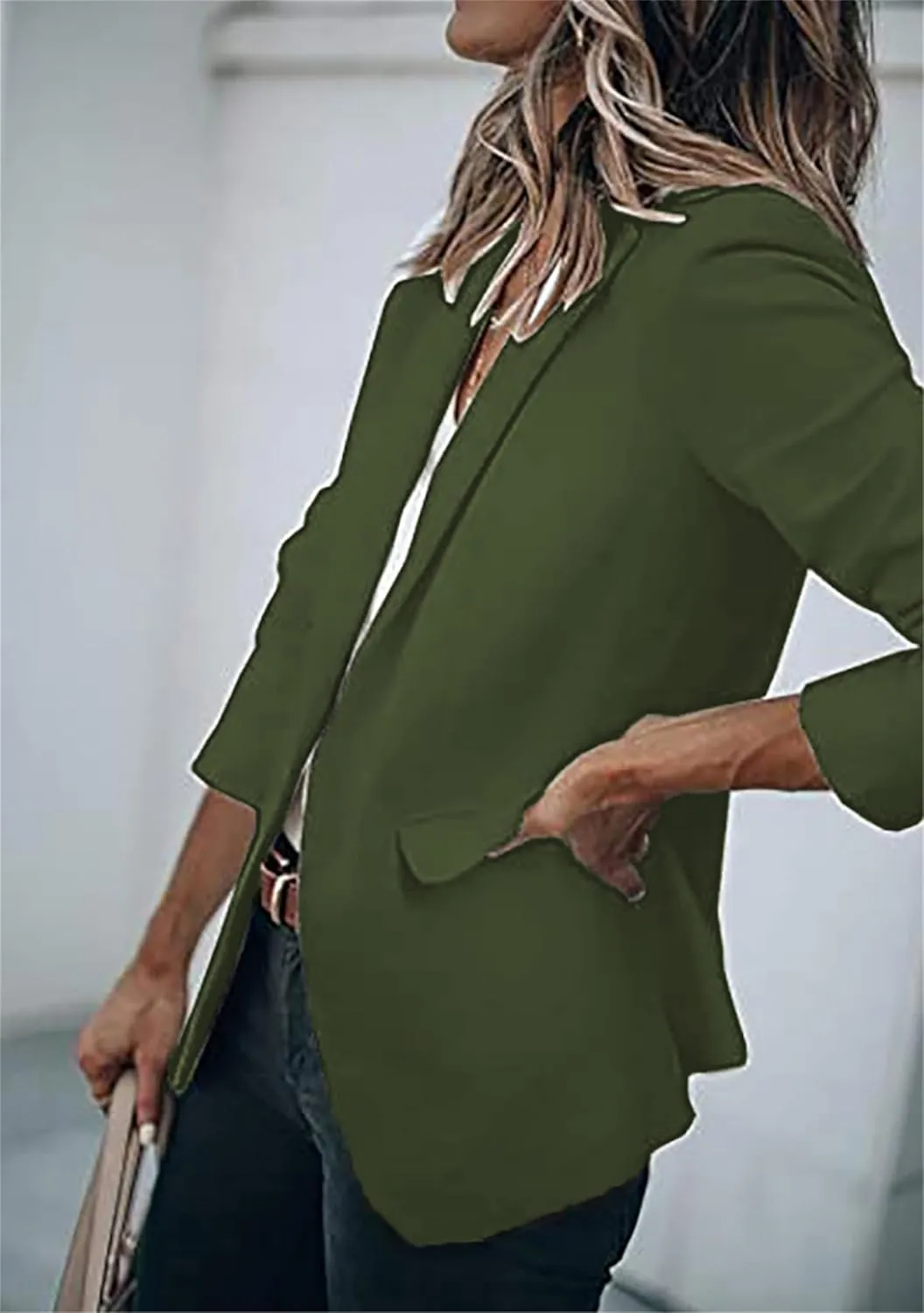 DIACACY Women's Lapel Open Front Work Blazer One Button Long Sleeve Jackets Office Solid Color Cardigan with Pockets