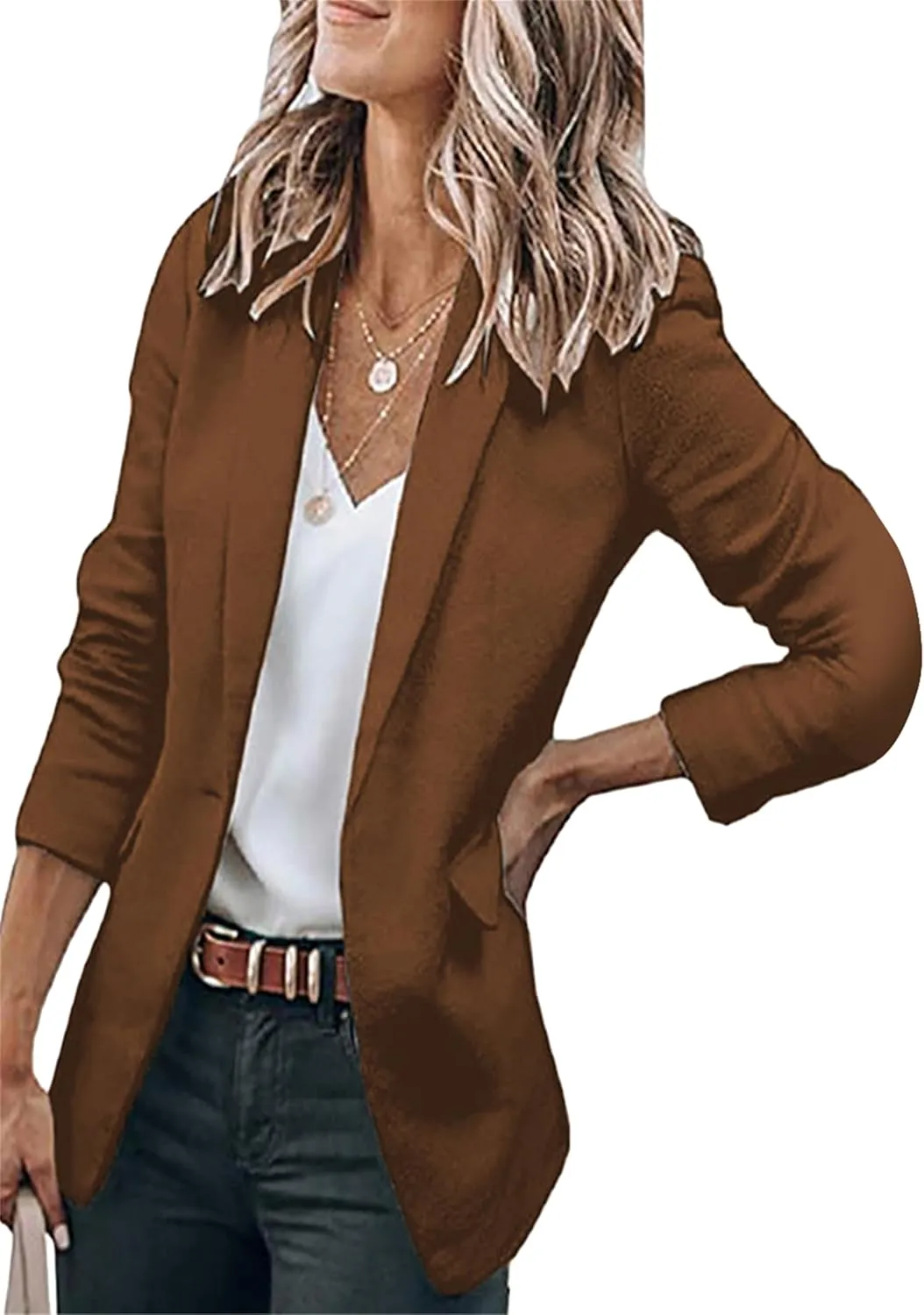 DIACACY Women's Lapel Open Front Work Blazer One Button Long Sleeve Jackets Office Solid Color Cardigan with Pockets
