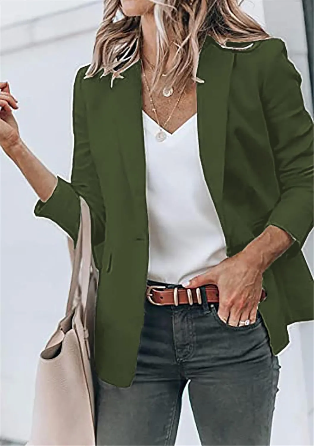DIACACY Women's Lapel Open Front Work Blazer One Button Long Sleeve Jackets Office Solid Color Cardigan with Pockets