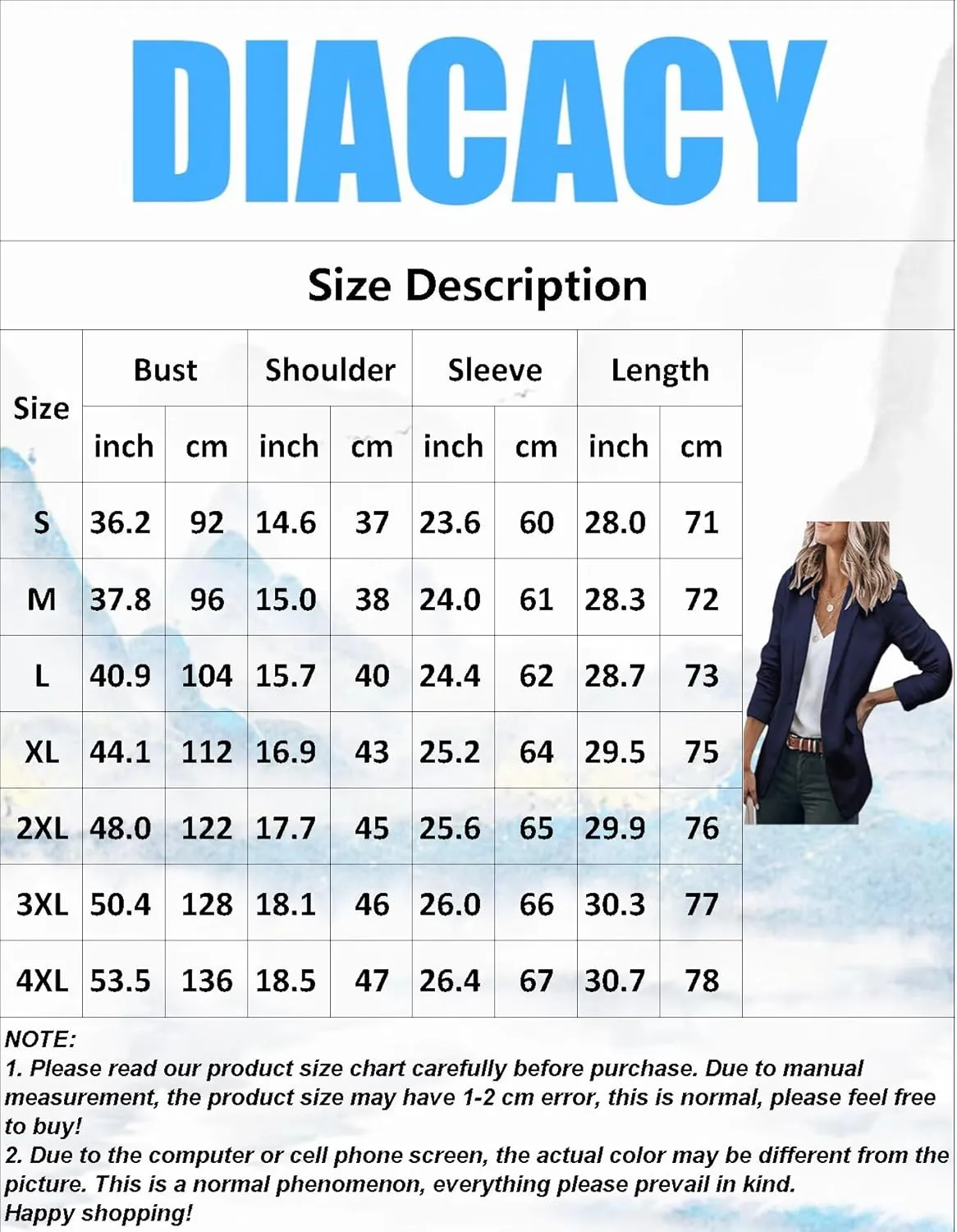 DIACACY Women's Lapel Open Front Work Blazer One Button Long Sleeve Jackets Office Solid Color Cardigan with Pockets