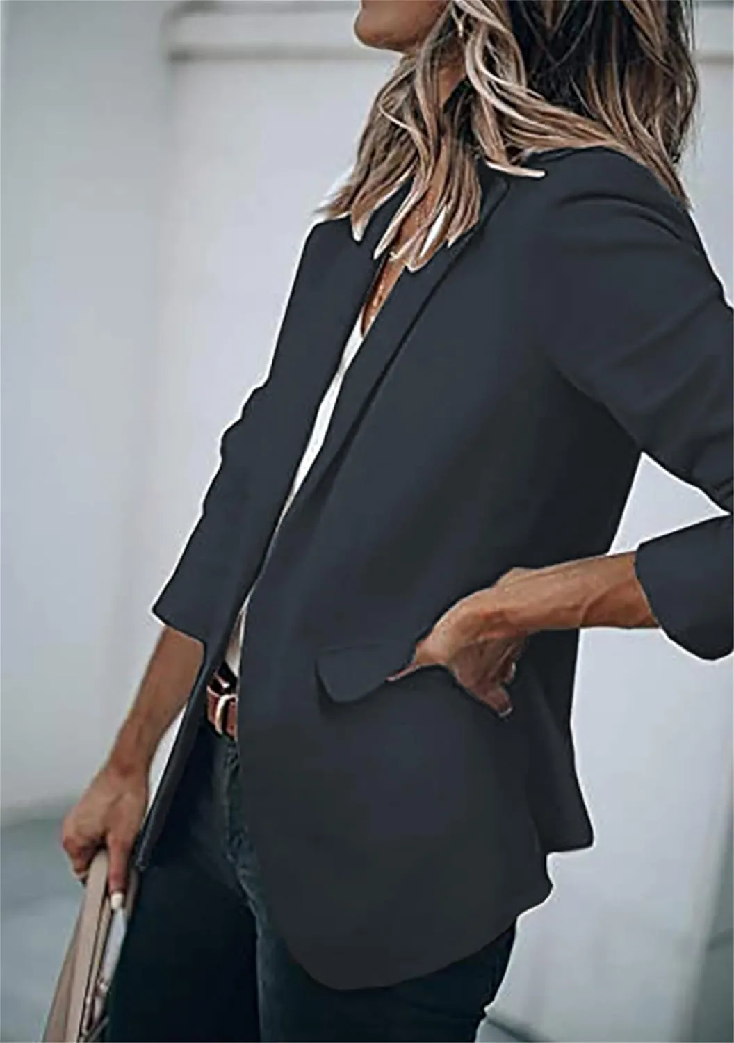 DIACACY Women's Lapel Open Front Work Blazer One Button Long Sleeve Jackets Office Solid Color Cardigan with Pockets