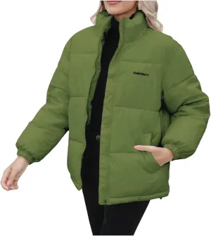 Down Jackets for Women Winter Solid Color Long Sleeve Stand Collar Padded Jacket Loose Fit Lightweight Warm Coats