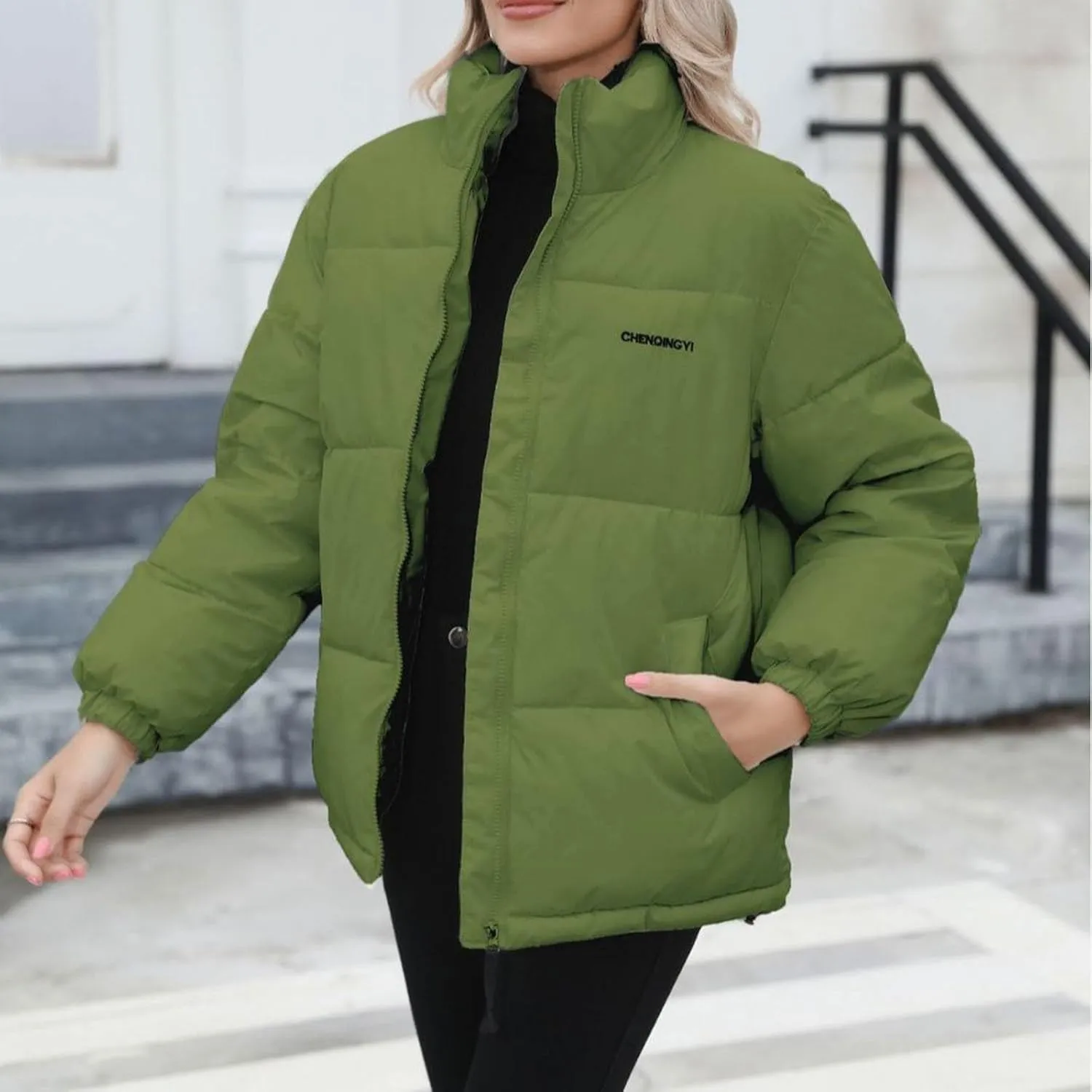 Down Jackets for Women Winter Solid Color Long Sleeve Stand Collar Padded Jacket Loose Fit Lightweight Warm Coats