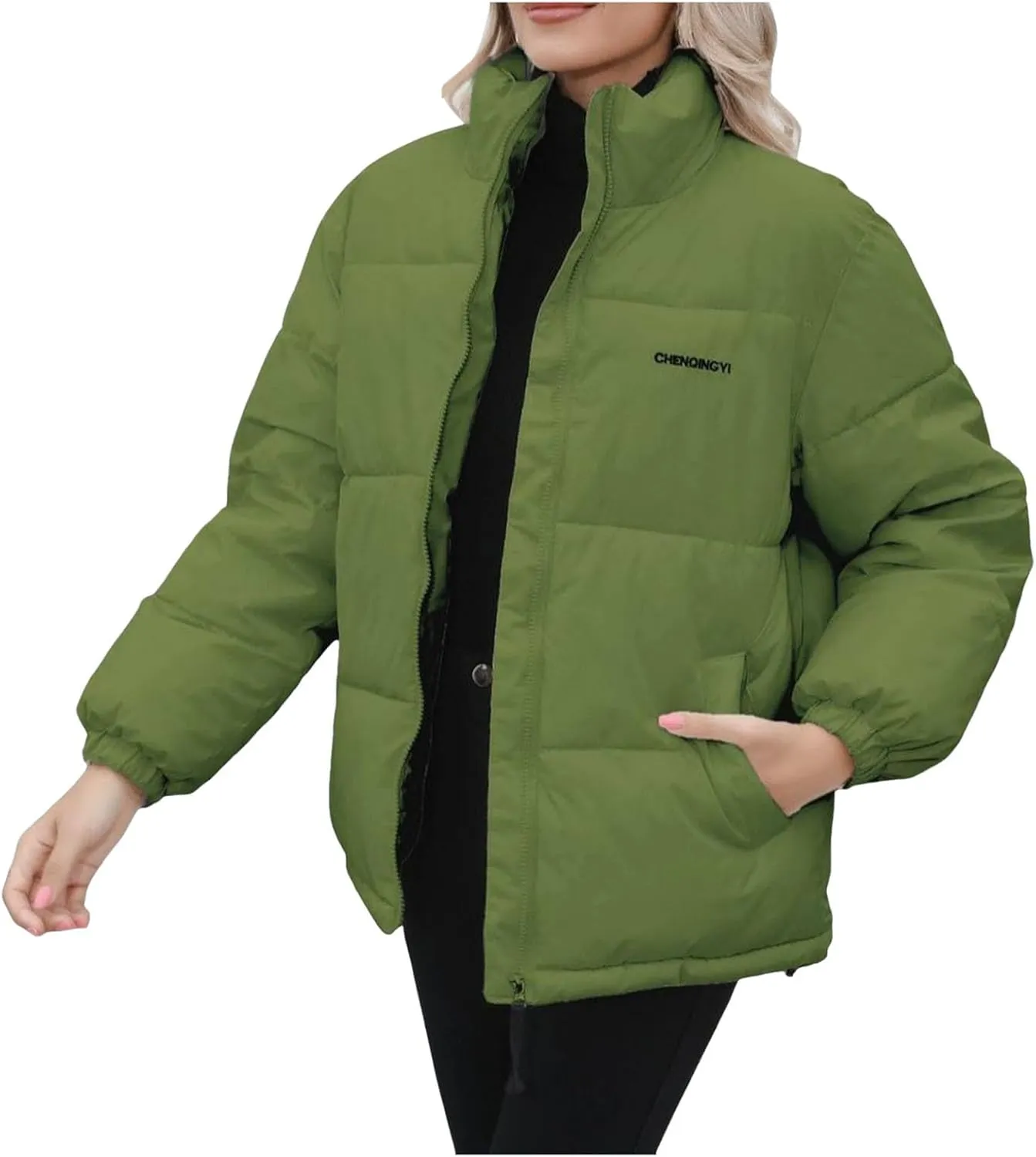 Down Jackets for Women Winter Solid Color Long Sleeve Stand Collar Padded Jacket Loose Fit Lightweight Warm Coats