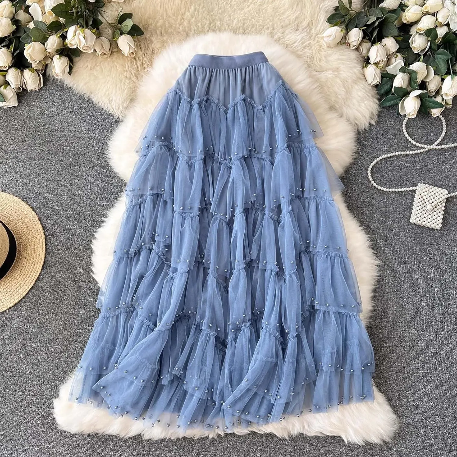 Early Spring Mesh Skirt High Waisted Solid Color Pearl Ruffle Patchwork Cake Skirt Beaded Christmas Skirt for