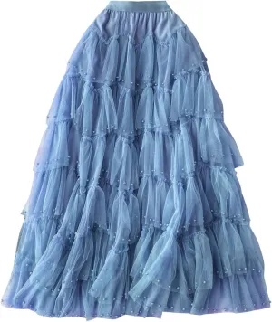 Early Spring Mesh Skirt High Waisted Solid Color Pearl Ruffle Patchwork Cake Skirt Beaded Christmas Skirt for