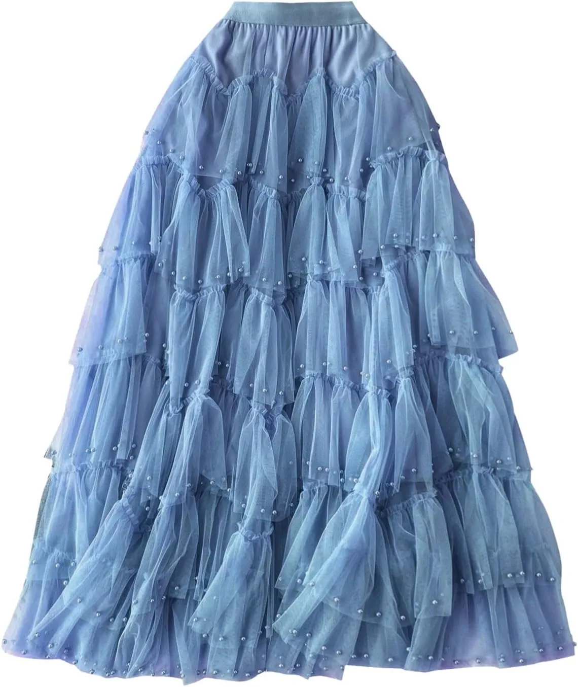 Early Spring Mesh Skirt High Waisted Solid Color Pearl Ruffle Patchwork Cake Skirt Beaded Christmas Skirt for
