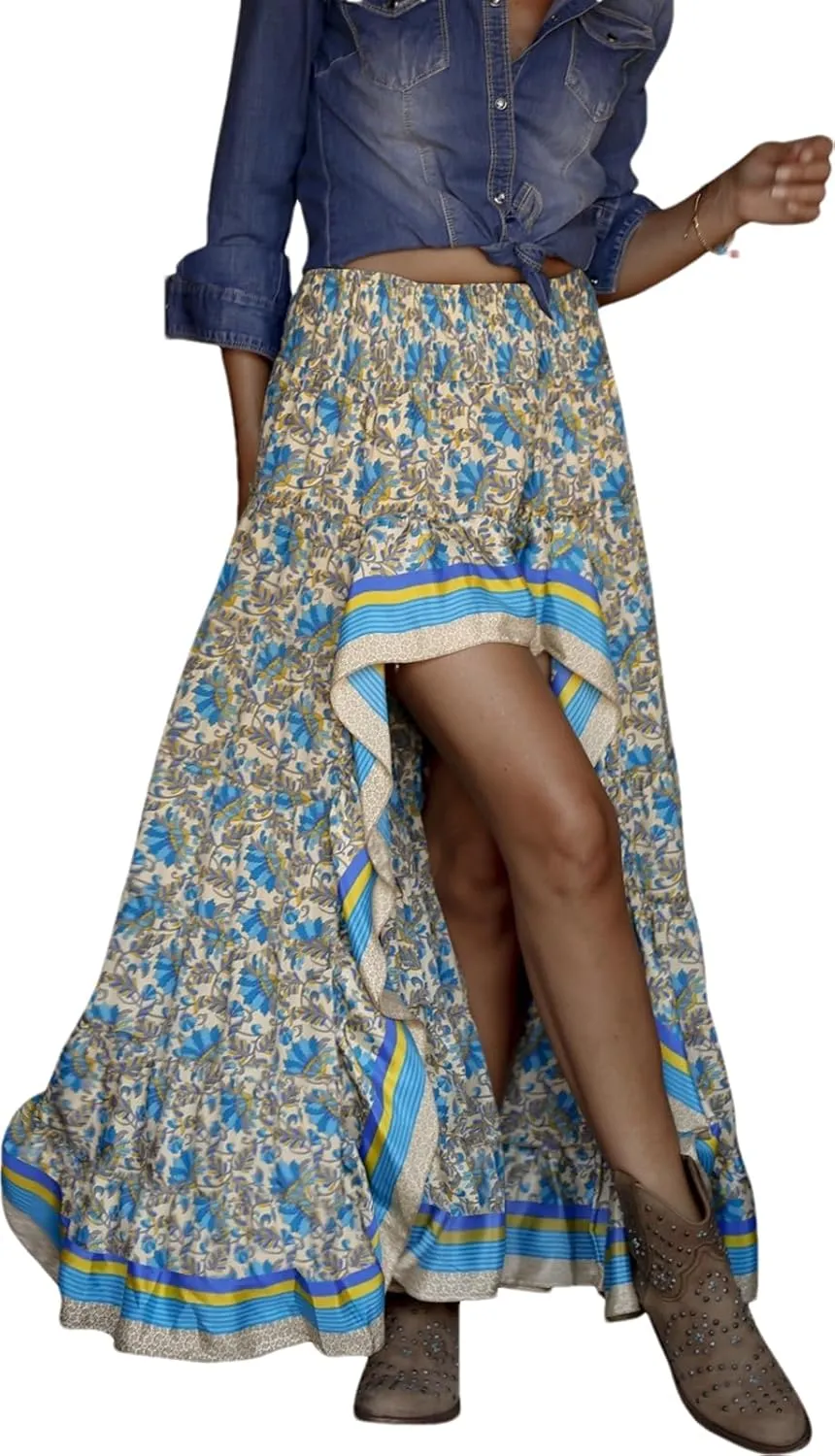 Elastic High Waist Skirt Women's Boho Floral Print Pleated A Line Skirt Summer Beach Casual Skirt Dress986