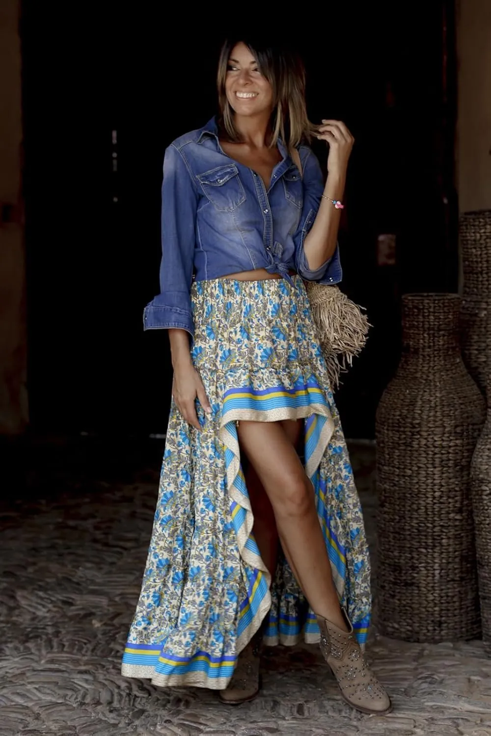Elastic High Waist Skirt Women's Boho Floral Print Pleated A Line Skirt Summer Beach Casual Skirt Dress986