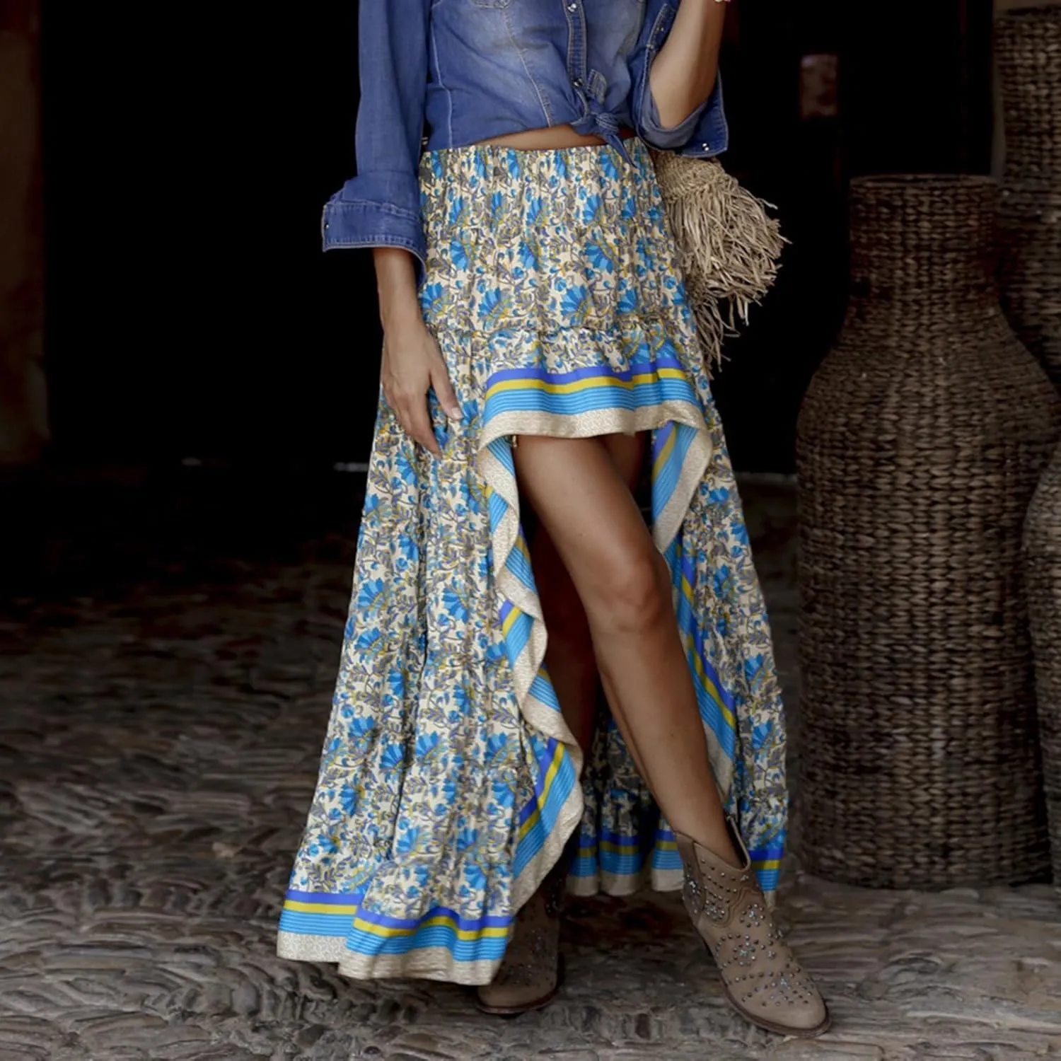 Elastic High Waist Skirt Women's Boho Floral Print Pleated A Line Skirt Summer Beach Casual Skirt Dress986