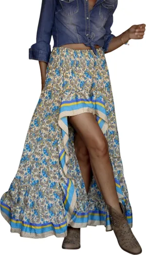 Elastic High Waist Skirt Women's Boho Floral Print Pleated A Line Skirt Summer Beach Casual Skirt Dress986