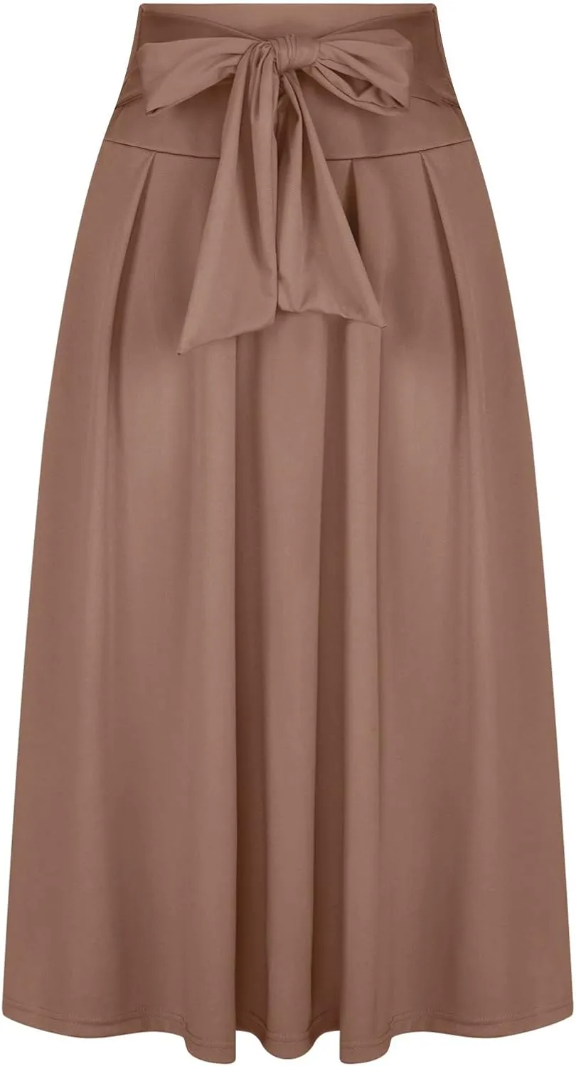 Elegant High Waisted Skirts for Women Elastic A Line Flared Skirt Stretchy Pleated Midi Skirts Ankle Length Skirt