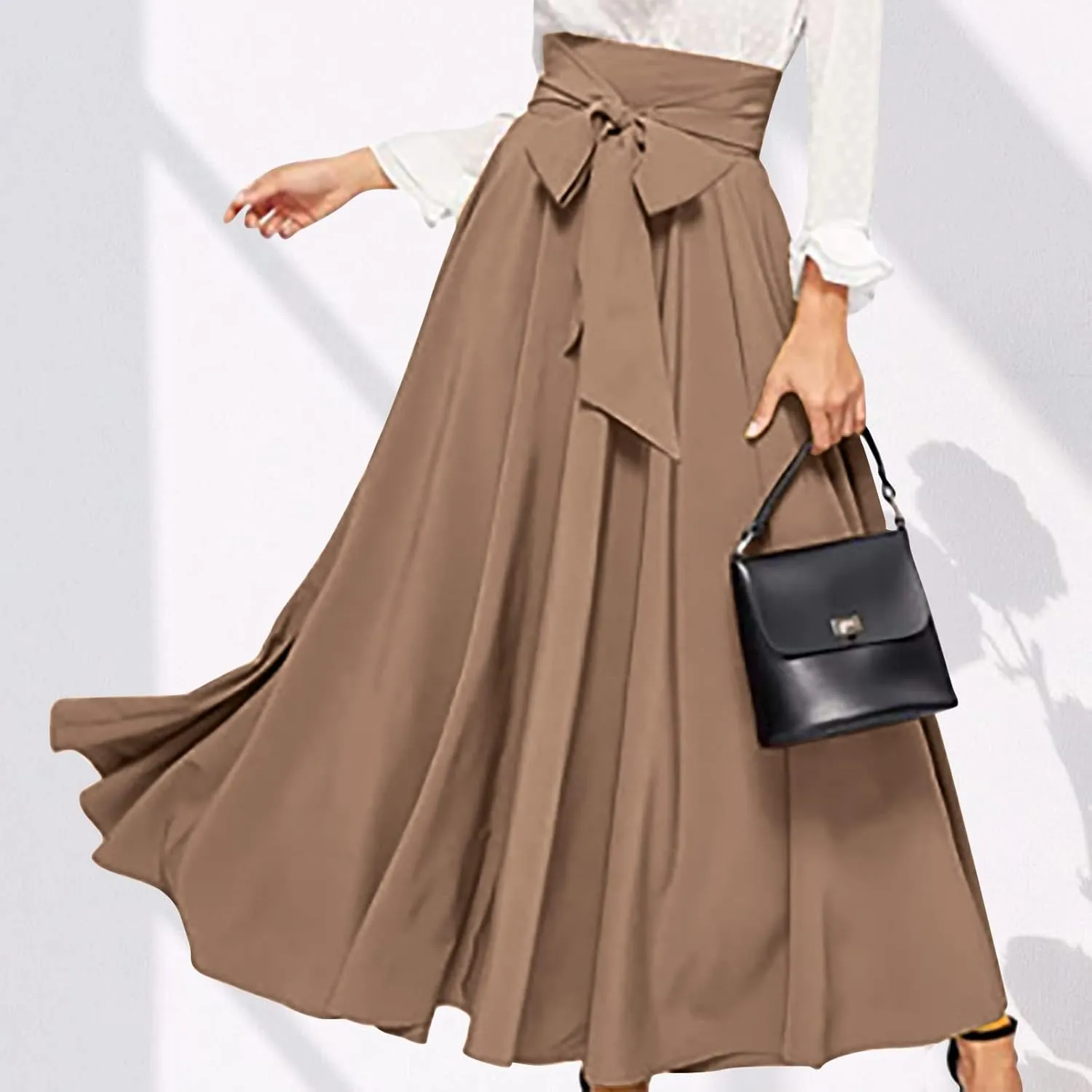Elegant High Waisted Skirts for Women Elastic A Line Flared Skirt Stretchy Pleated Midi Skirts Ankle Length Skirt