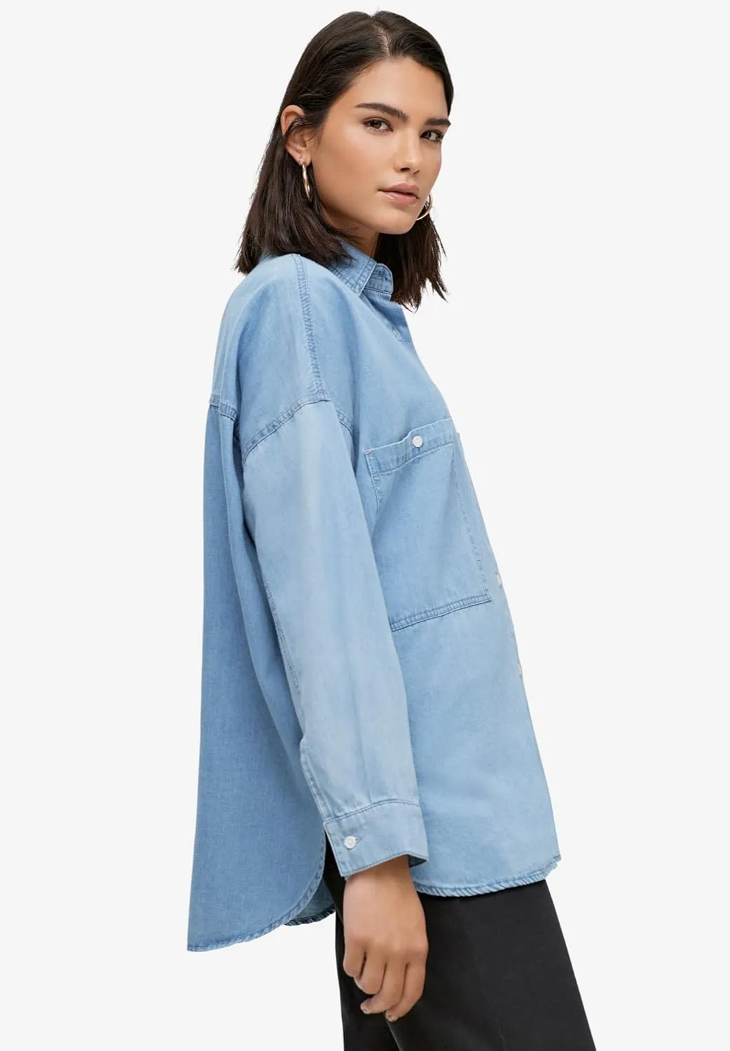 ellos Plus Size Oversized Button-Front Denim Shirt