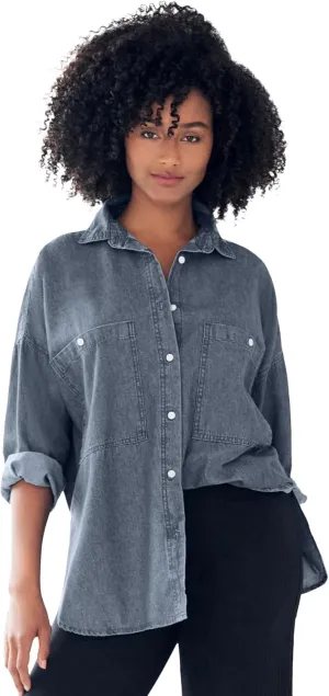 ellos Plus Size Oversized Button-Front Denim Shirt