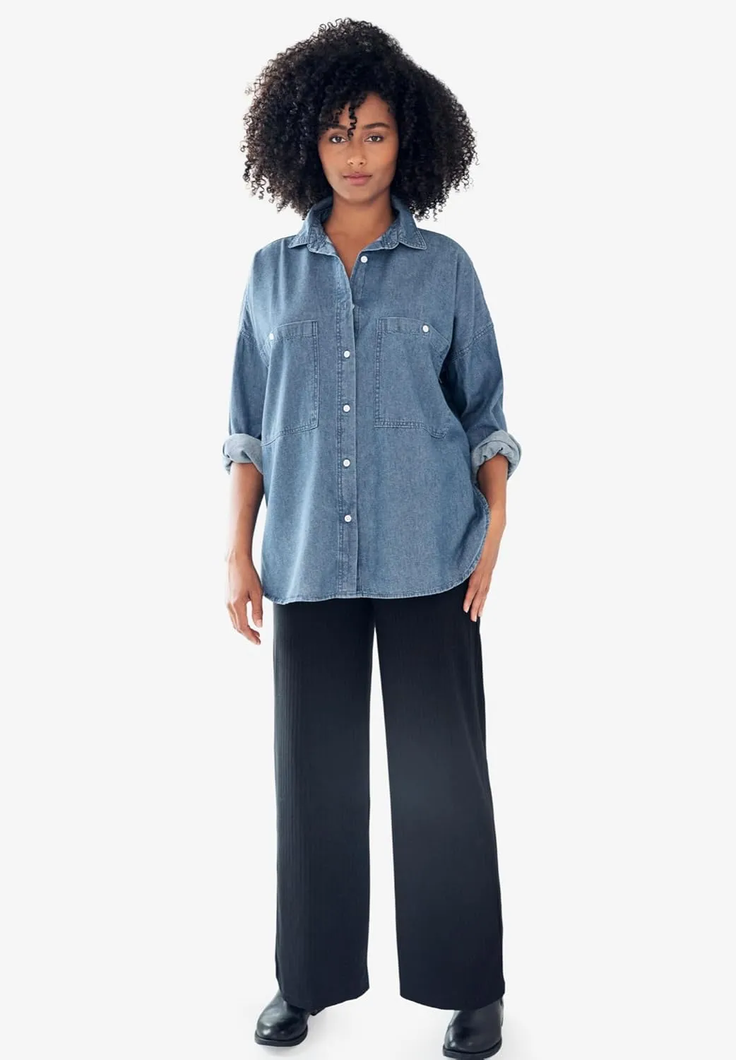 ellos Plus Size Oversized Button-Front Denim Shirt